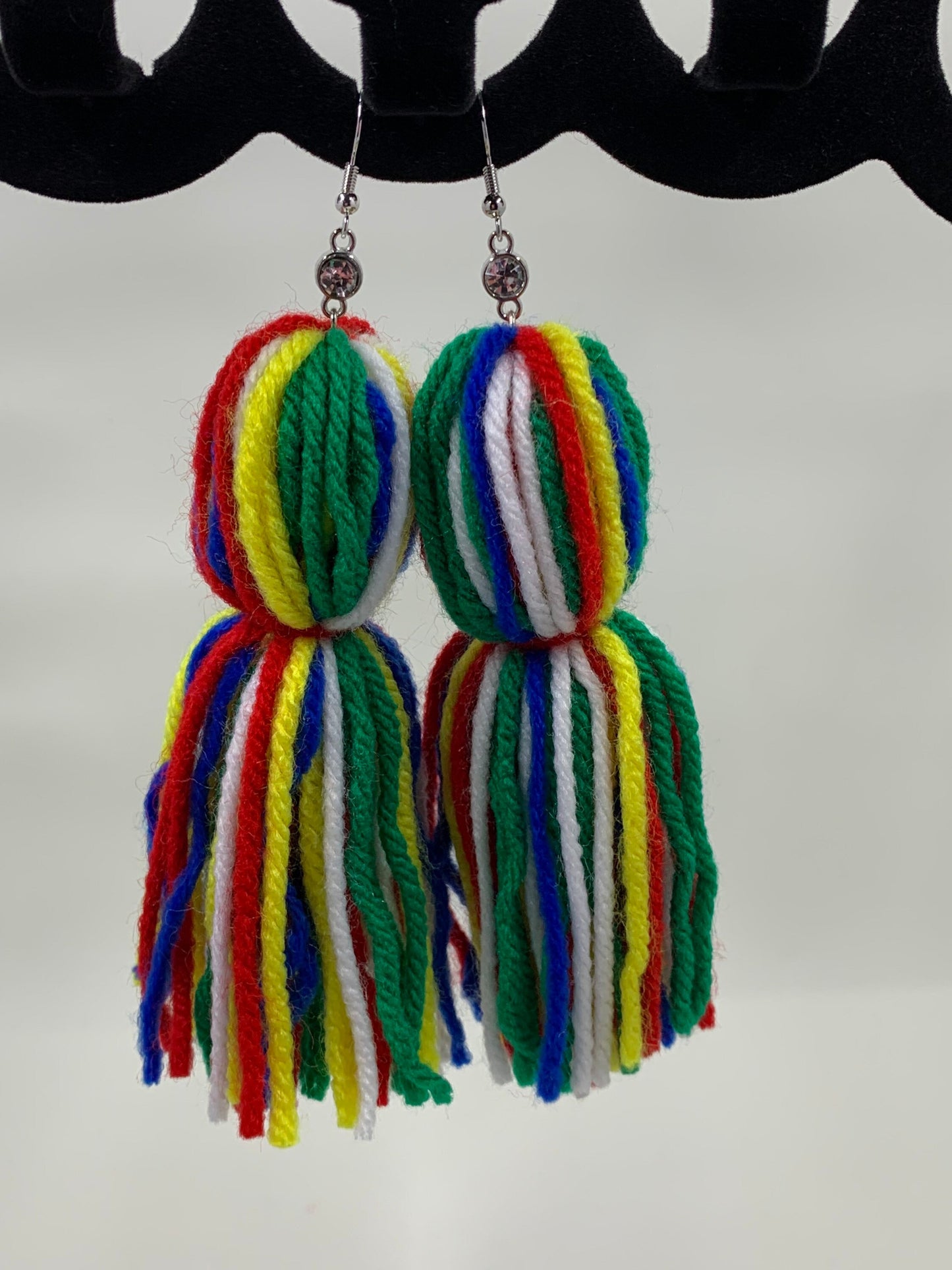 Sorority inspired colored tassel earrings, yarn tassel earrings, lightweight tassel earrings, tassel earrings