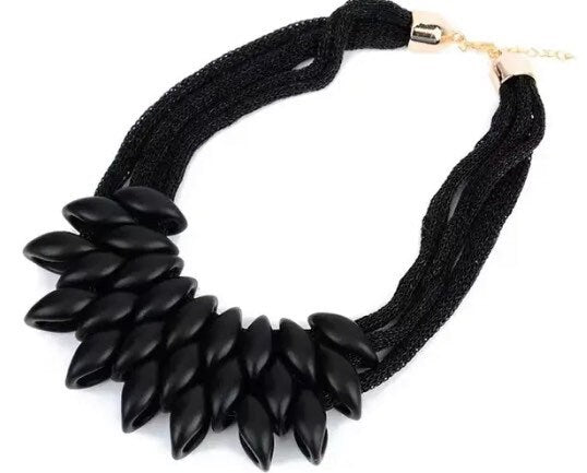 Beautiful black woven cloth necklace with diamond shaped black pendants, chunky statement necklace, black necklace, lightweight necklace