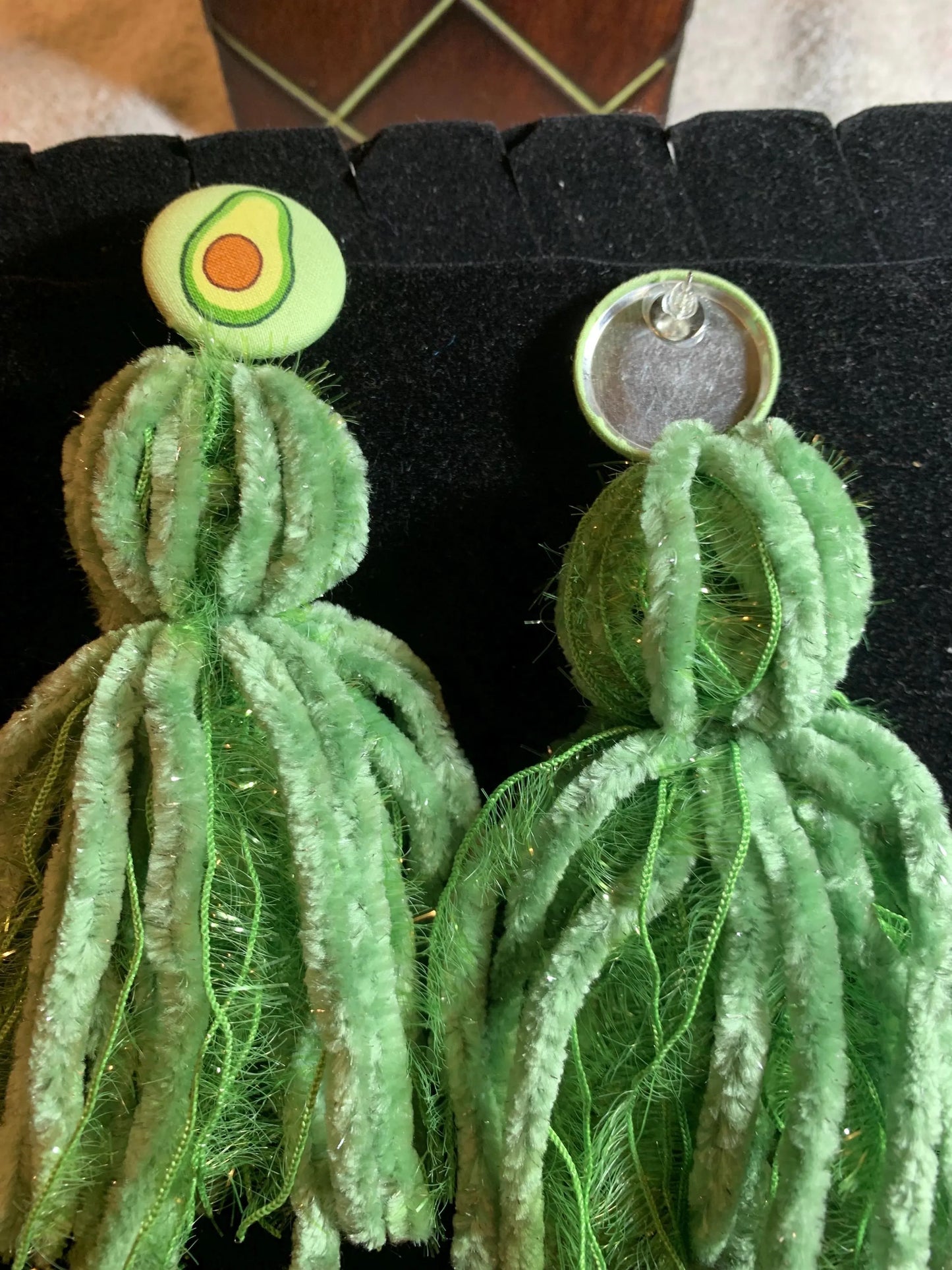 Avocado inspired button tassel earrings, avocado earrings, tassel earrings, green tassel earrings